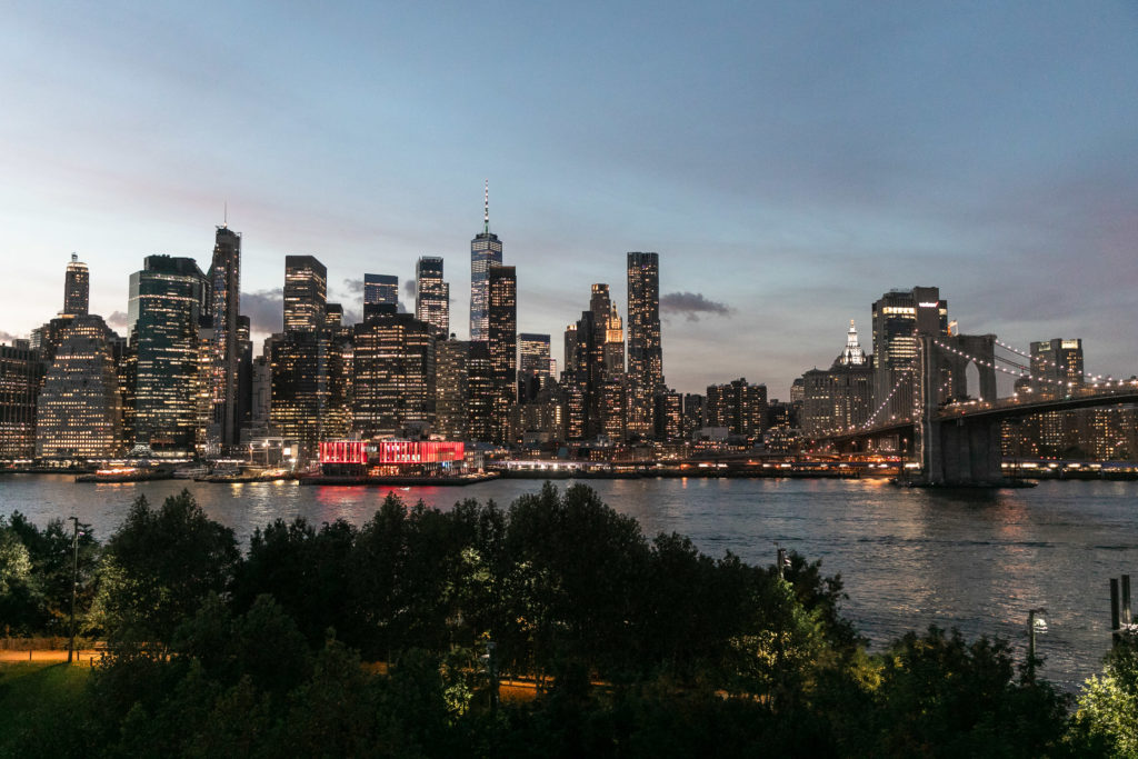 Night cityscape from Brooklyn to Manhattan Skyline by luxury Destination wedding photographer Julie Ferneau Photography