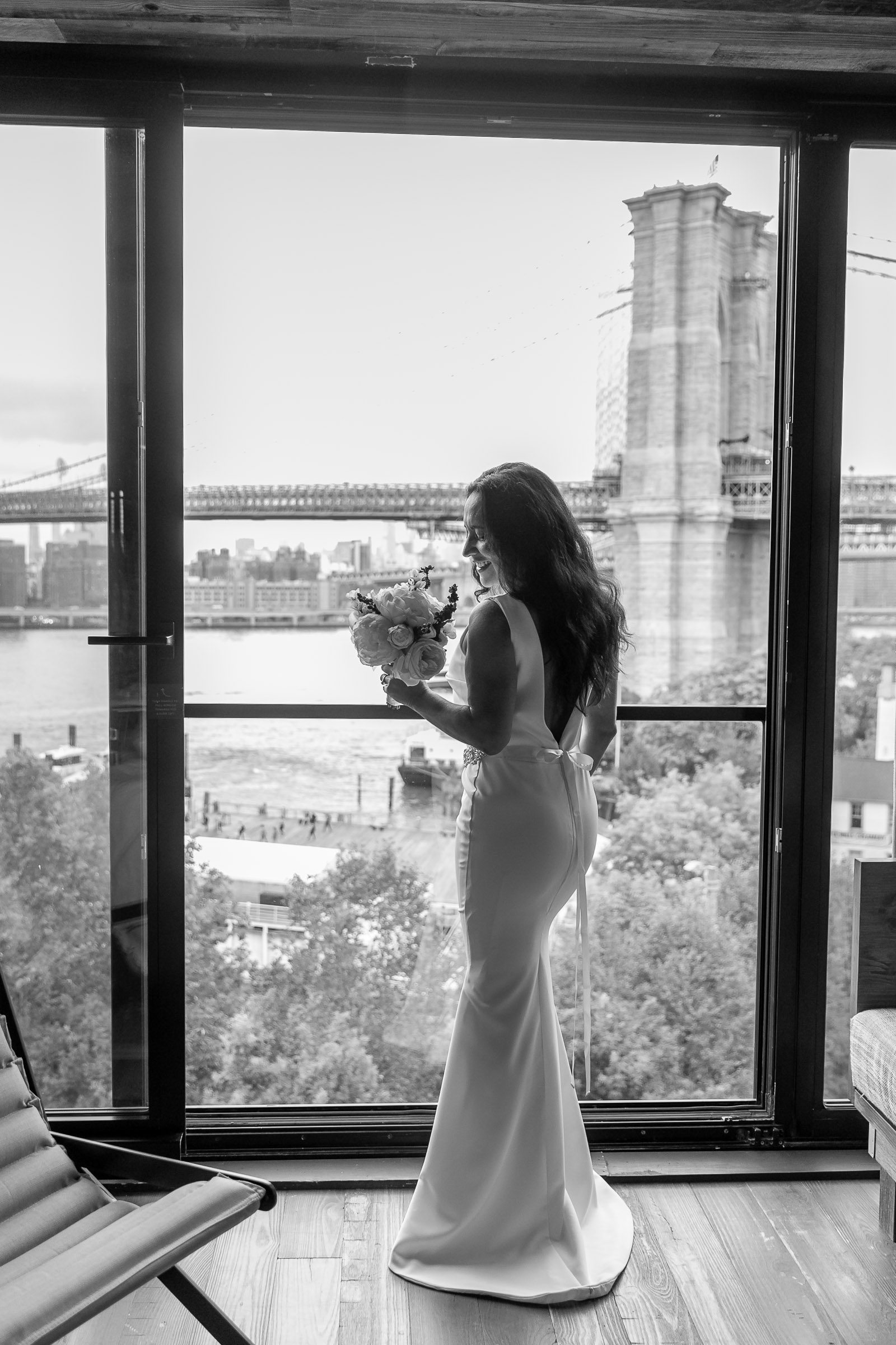 Bride getting ready inside 1 hotel brooklyn bridge destination wedding photographer Julie Ferneau