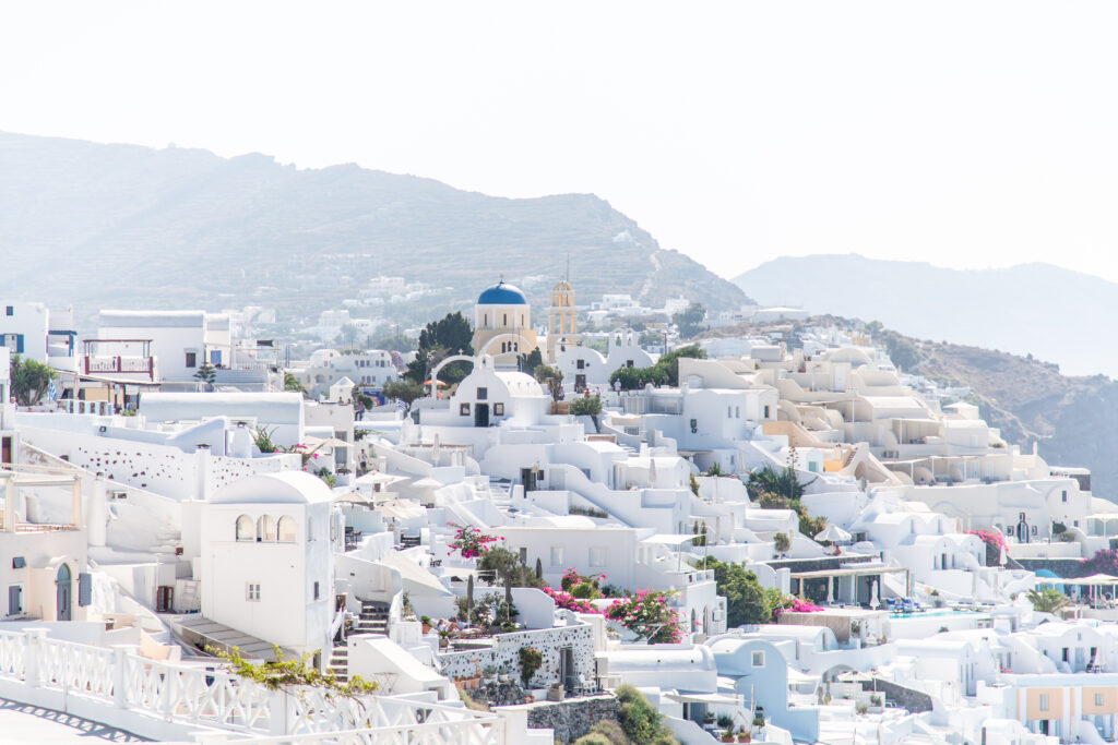 Landscape view of the iconic white buildings in Santorini